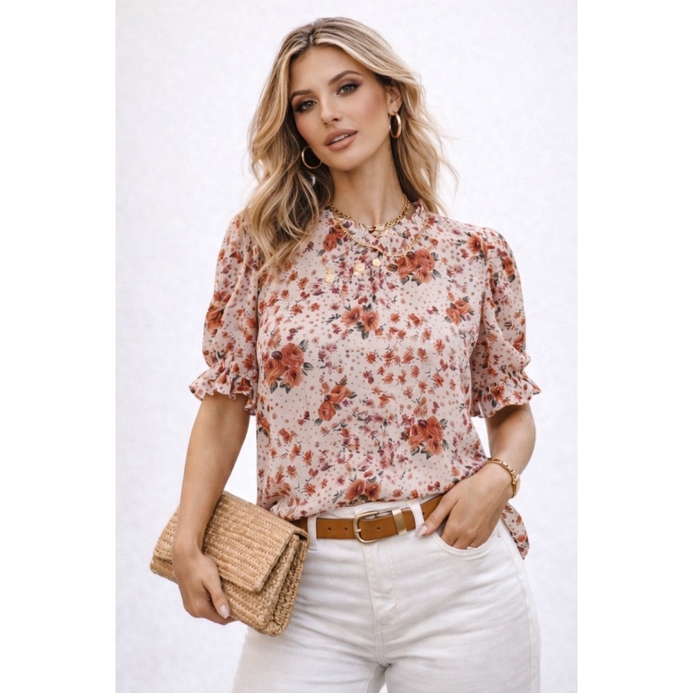Poppi Blouse Floral Rouched Sleeves Women's XL